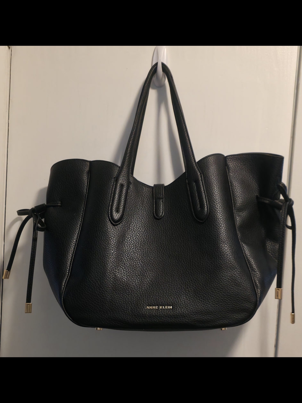 Anne Klein Black Pebbled Leather Tote with Gold Hardware